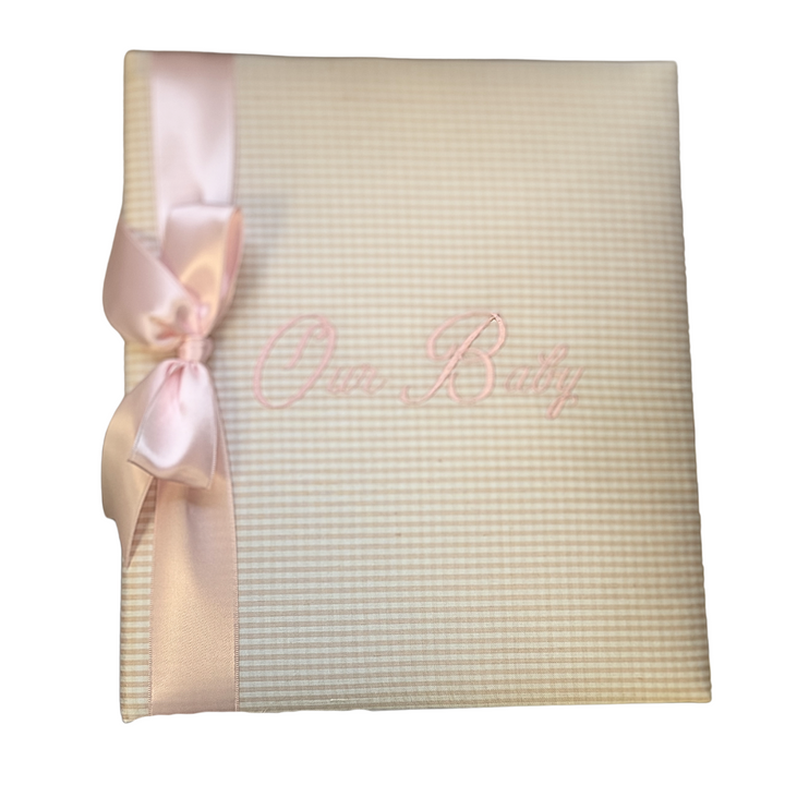 "Our Baby" Baby Book with Satin Bow- Baby Check Pink