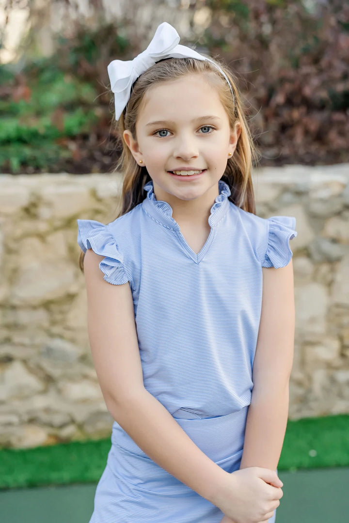 Ellie Sleeveless Ruffle Top- Blue/White Stripes