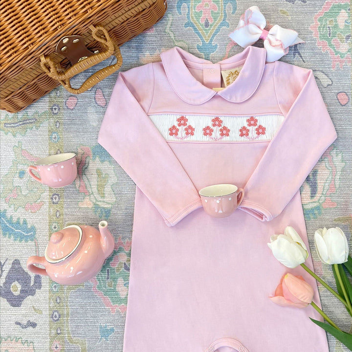 Rigsby Romper- Palm Beach Pink With Flower Smocking Regular price
