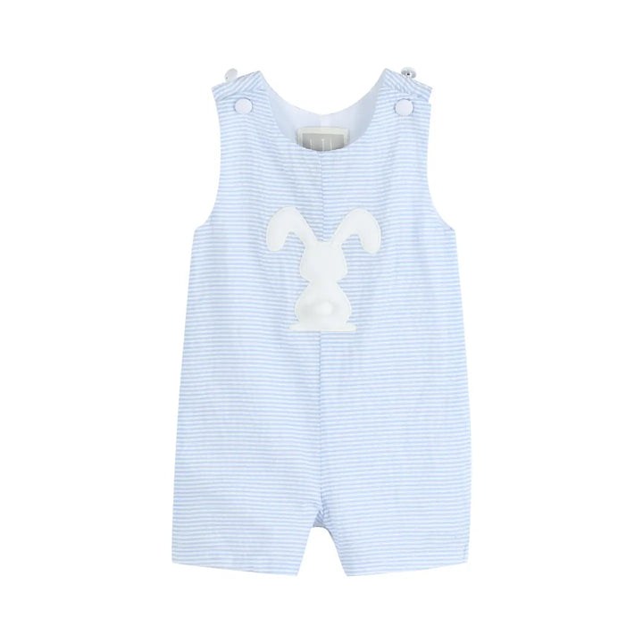 Seersucker Pom Pom Bunny Shortalls- Light Blue