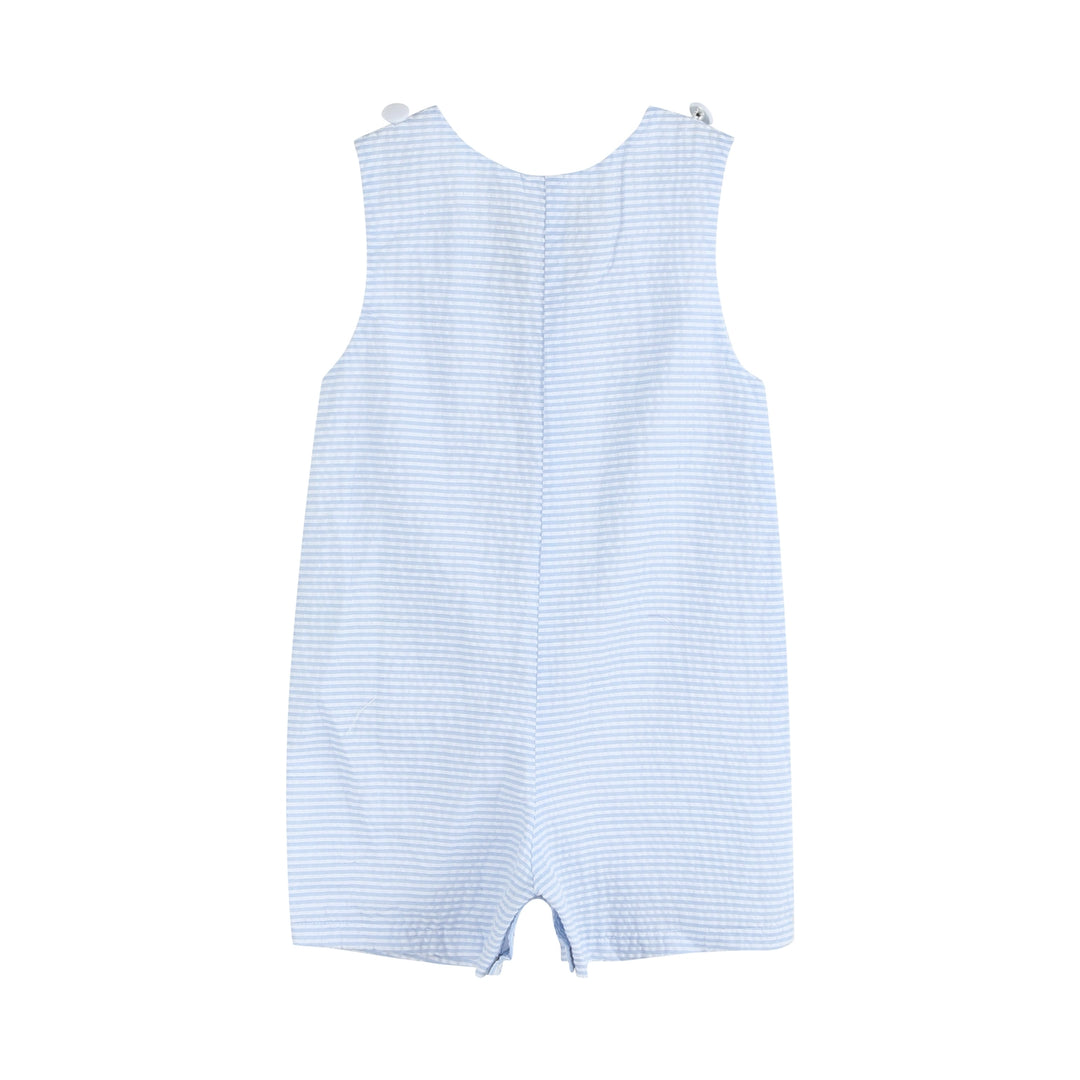 Seersucker Pom Pom Bunny Shortalls- Light Blue