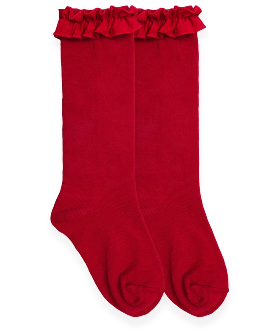 Jefferies Socks Ruffle Knee High Socks- Red