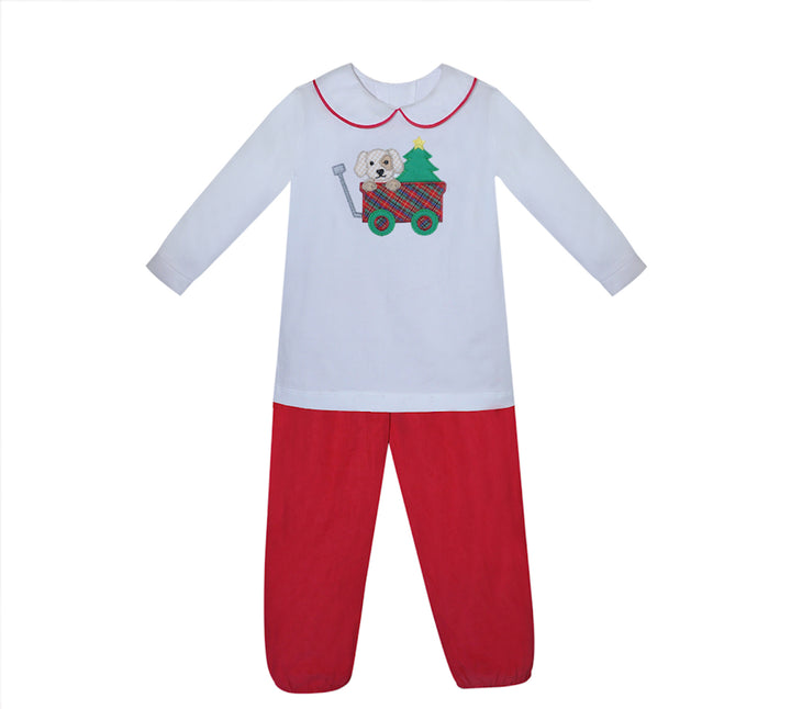 Red Beau Boy Set- Puppy/Christmas Tree in Wagon