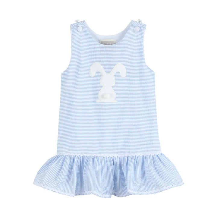 Seersucker Pom Pom Bunny Swing Dress- Light Blue