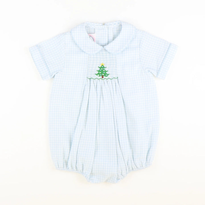 Smocked Christmas Tree Collared Boy Bubble- Light Blue Check Flannel