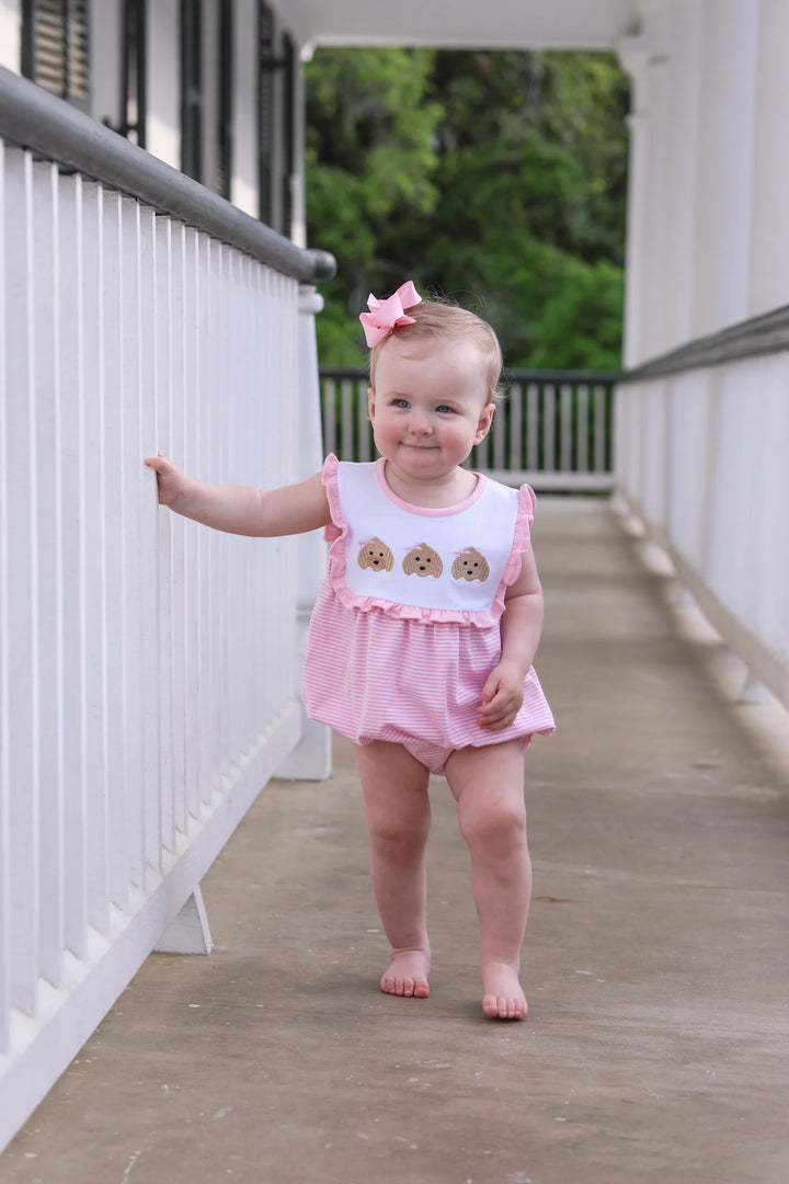 Puppy Trio Embroidery Ruffle Bubble- Pink