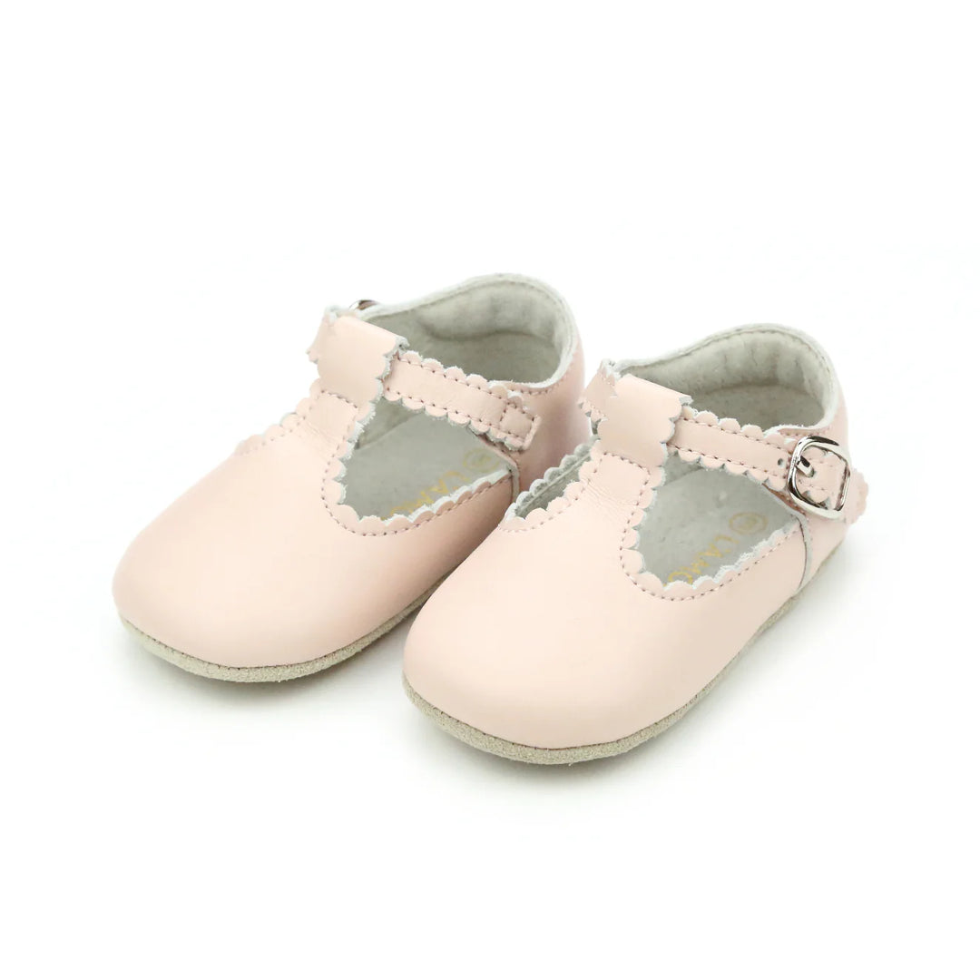 Elodie Girls Scalloped T-Strap Mary Jane Crib Shoe- Pink