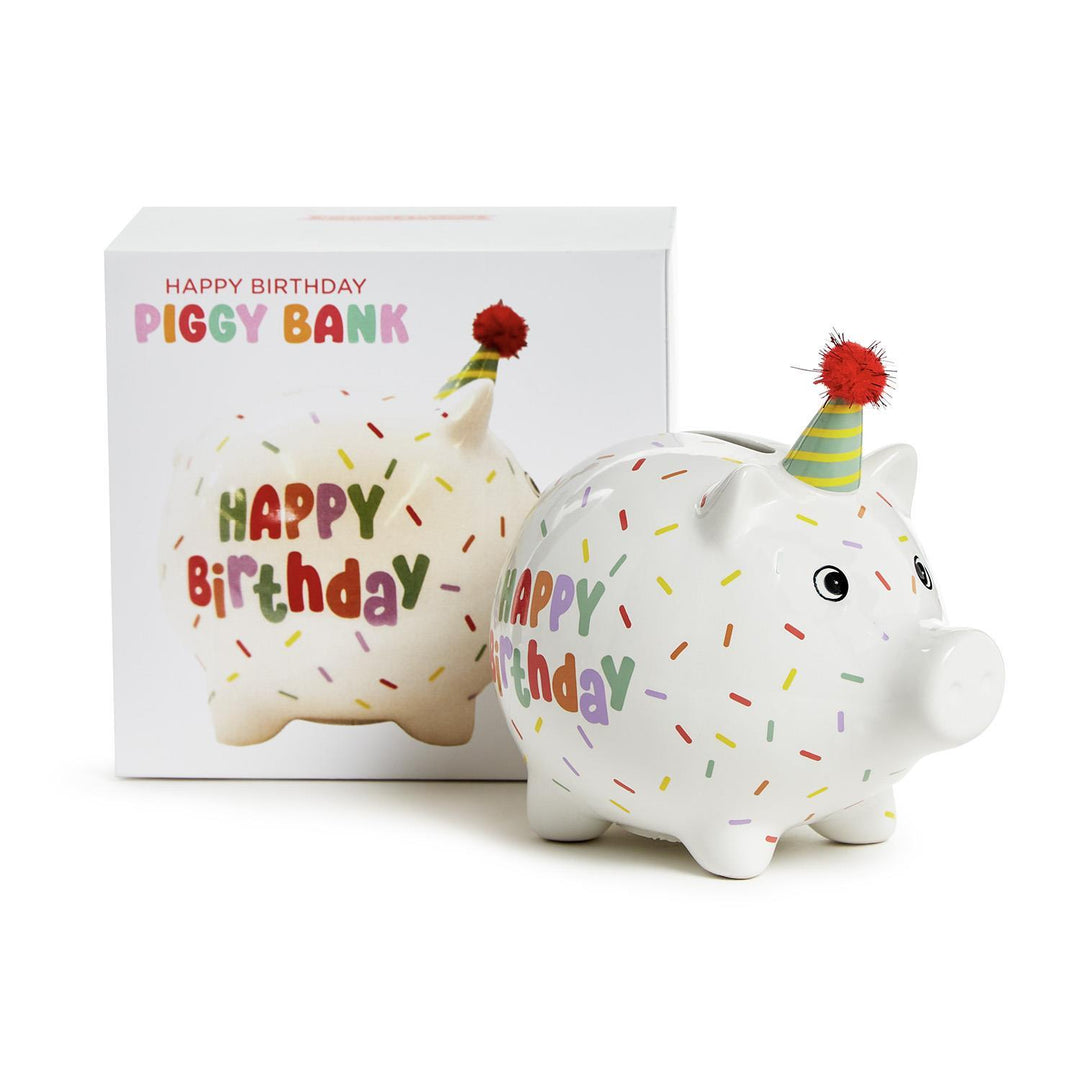 Happy Birthday Confetti Piggy Bank with Pom Pom Hat in Gift Box