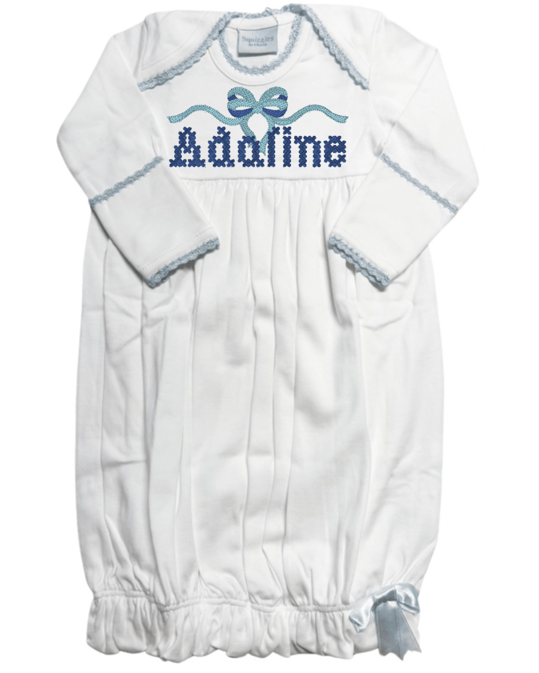 Aniston Palmer- White Lap Shoulder Gown with Light Blue Crochet Trim