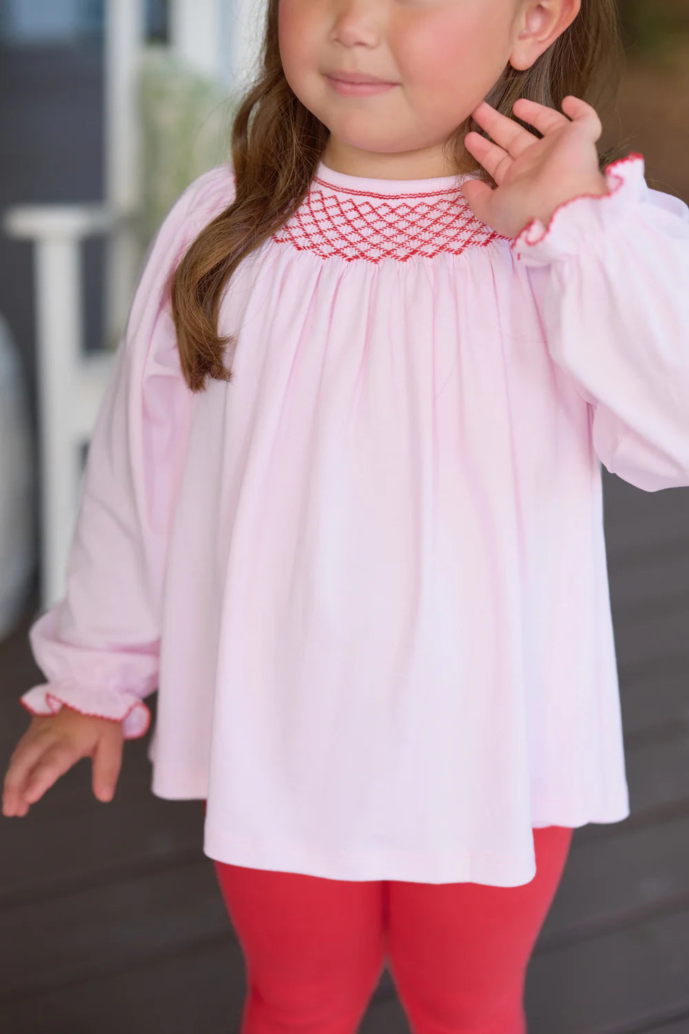 Bettye Sue Smocked Top- Palm Beach Pink/Richmond Red