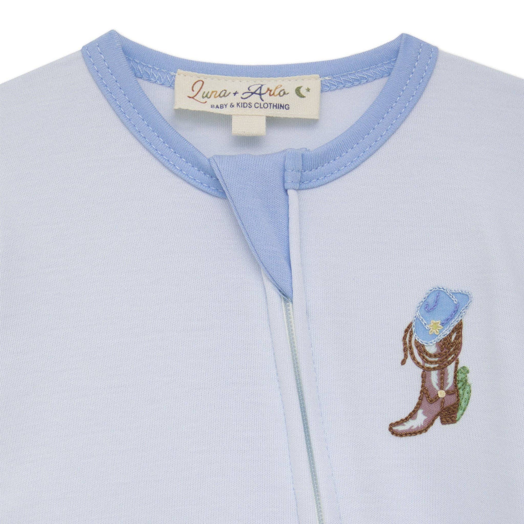 Boots and Blooms Zip Footie - Light Blue