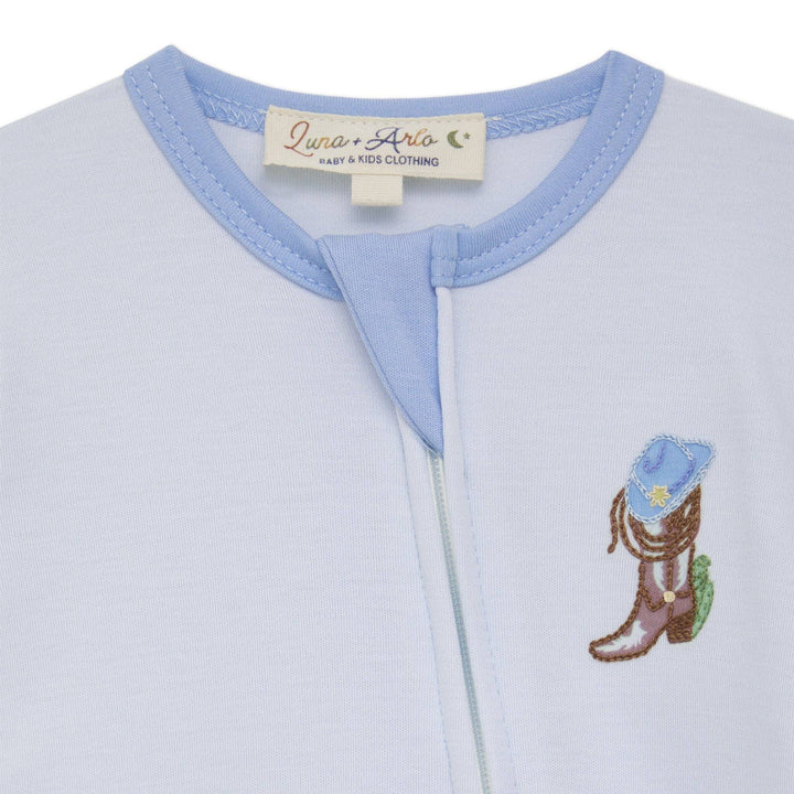 Boots and Blooms Zip Footie - Light Blue