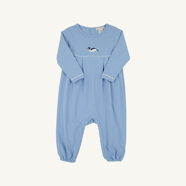 Long Sleeve Bradford Romper - Sarasota Sky and Worth Avenue White with Duck Embroidery