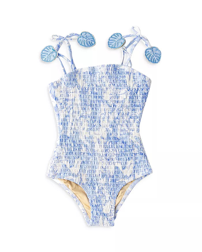 Tropical Blues Smocked One Piece Swimsuit