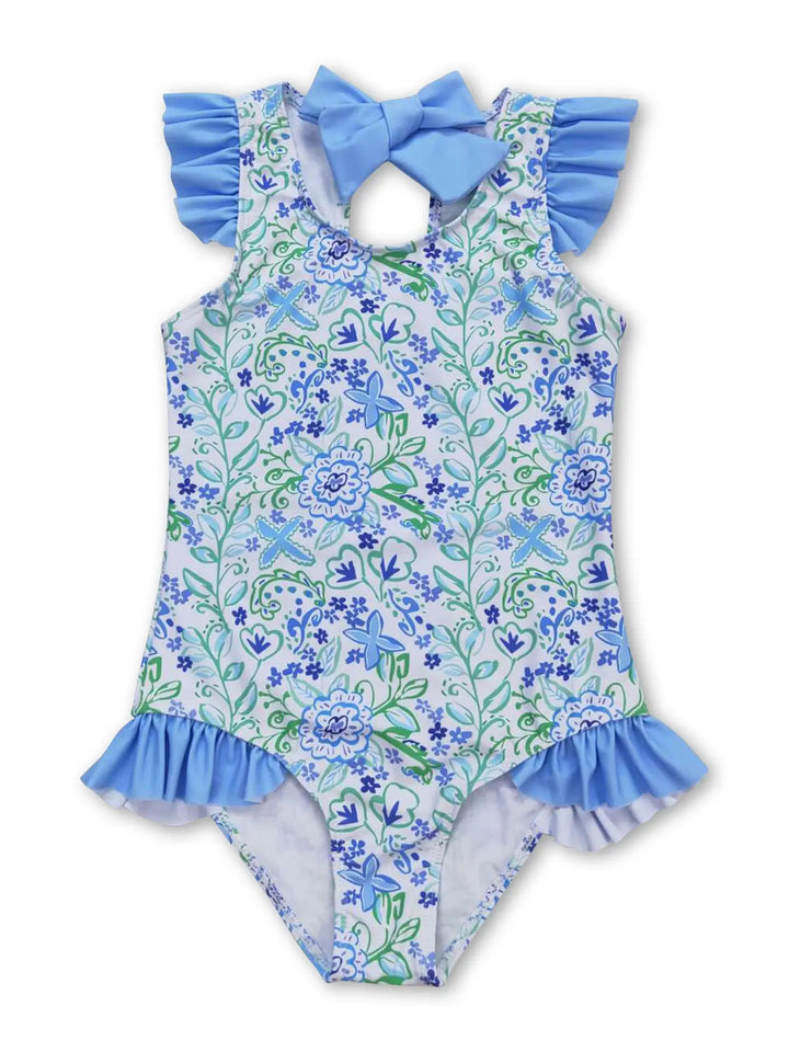 Light Blue Green Floral Girls Swimsuit