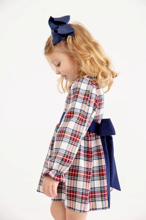Long Sleeve Cindy Lou Sash Dress - Paris Pike Plaid with Nantucket Navy