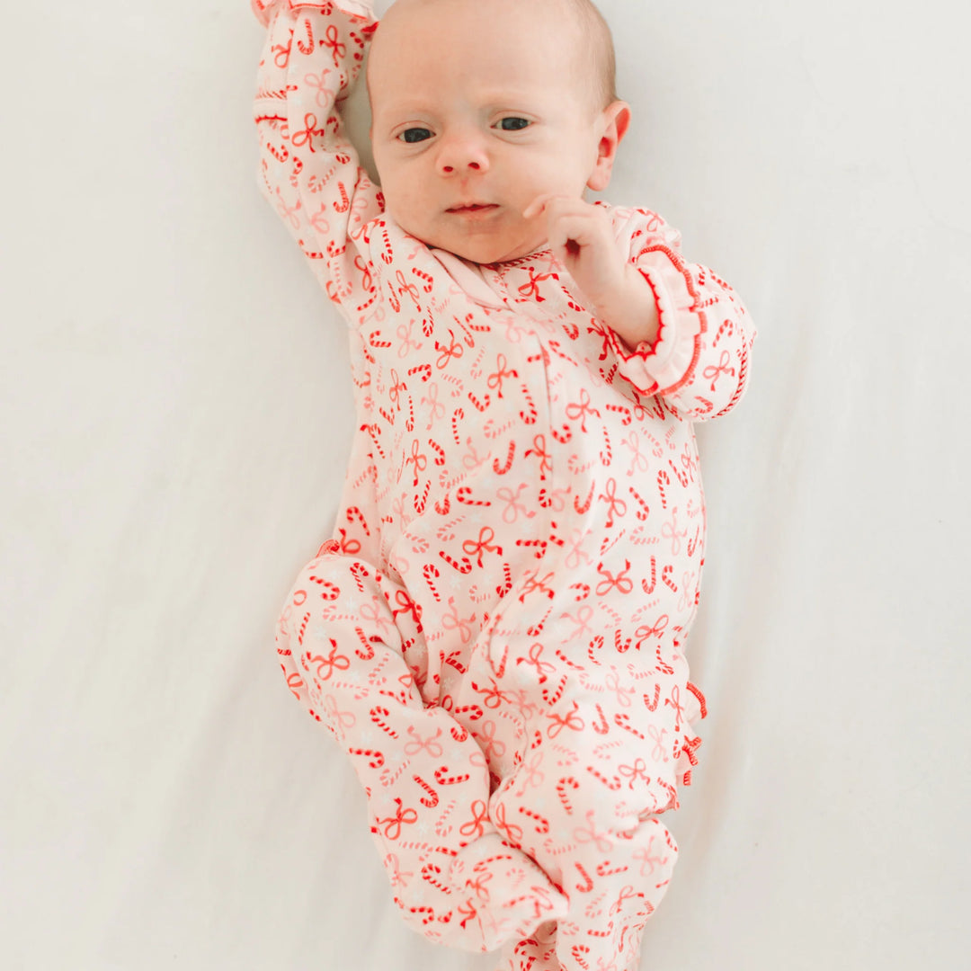 Candy Cane Lane Print Ruffle Zip Footie