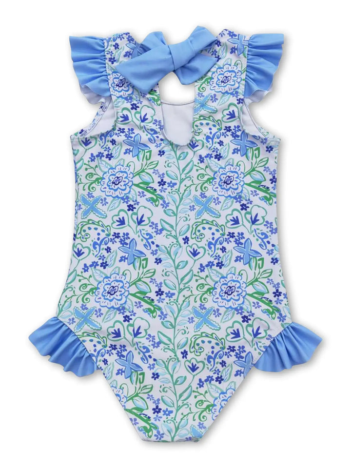 Light Blue Green Floral Girls Swimsuit