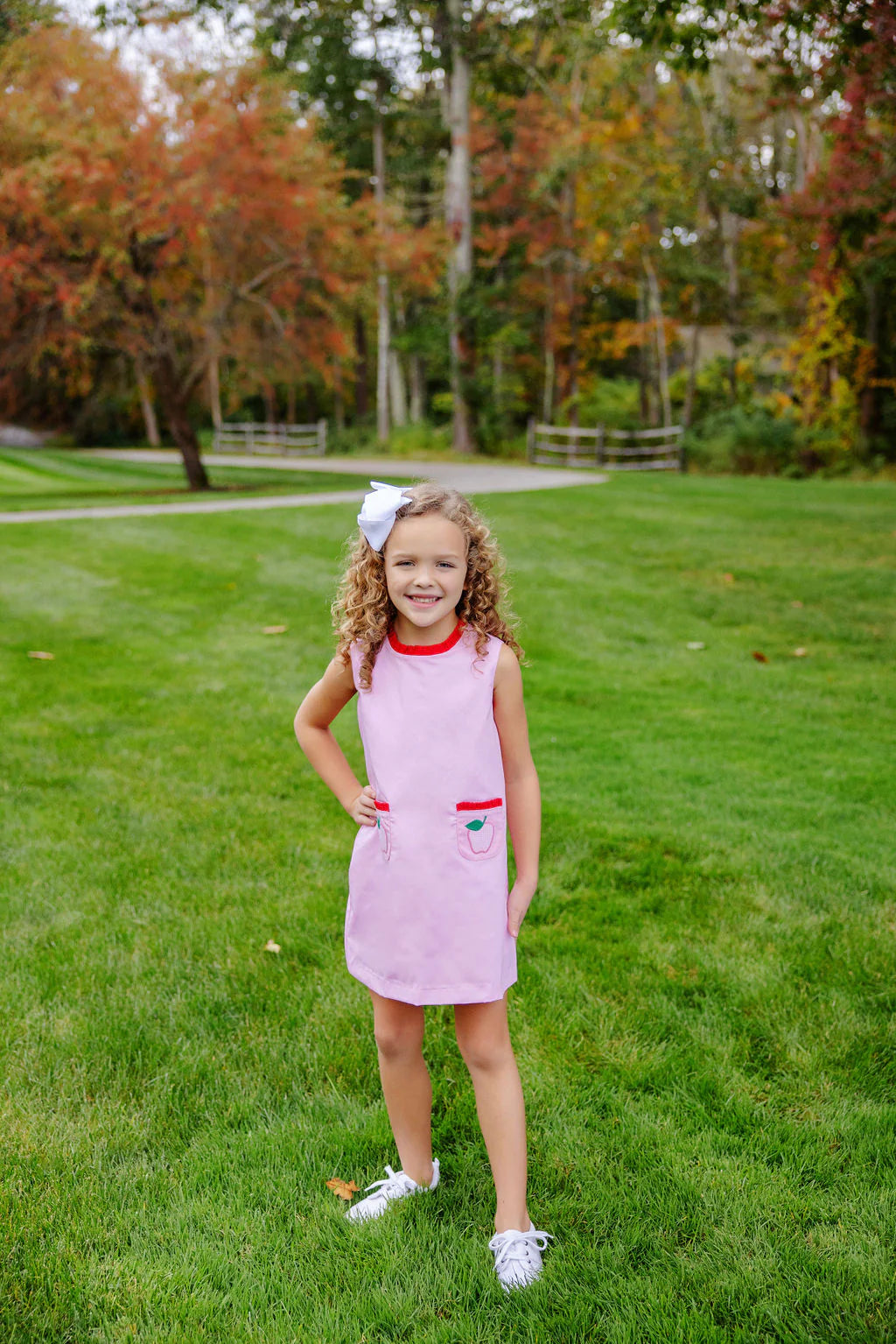 Lizzie's Luxe Leisure Dress- Pier Party Pink-Mini Gingham Apple Applique