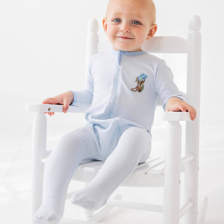 Boots and Blooms Zip Footie - Light Blue