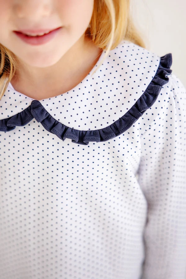 Maude's Ruffle Cassidy Comfy Crewneck - Nantucket Navy Microdot with Worth Avenue White