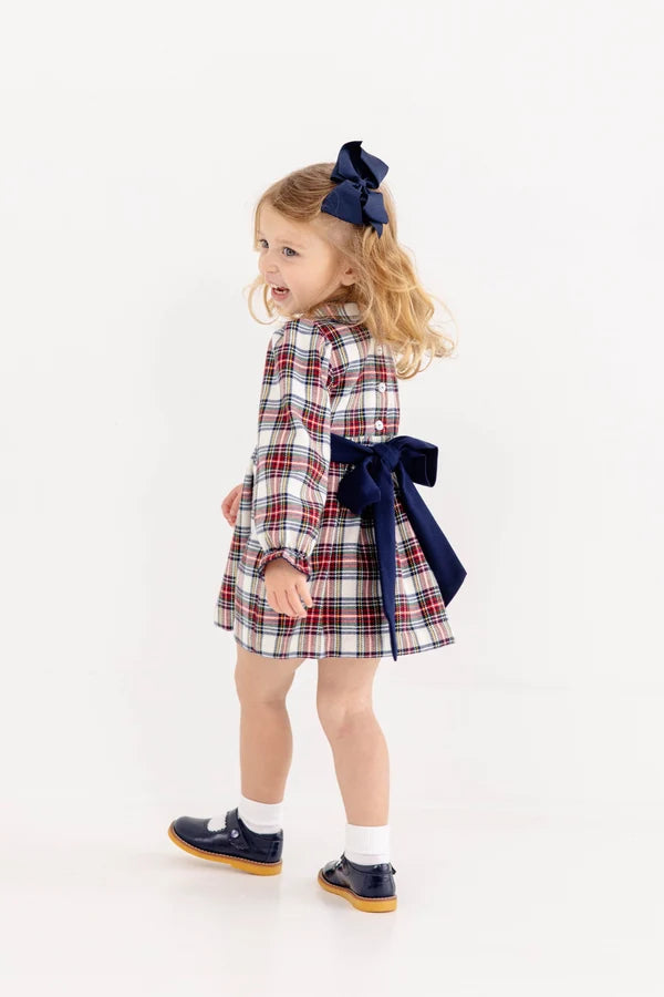 Long Sleeve Cindy Lou Sash Dress - Paris Pike Plaid with Nantucket Navy