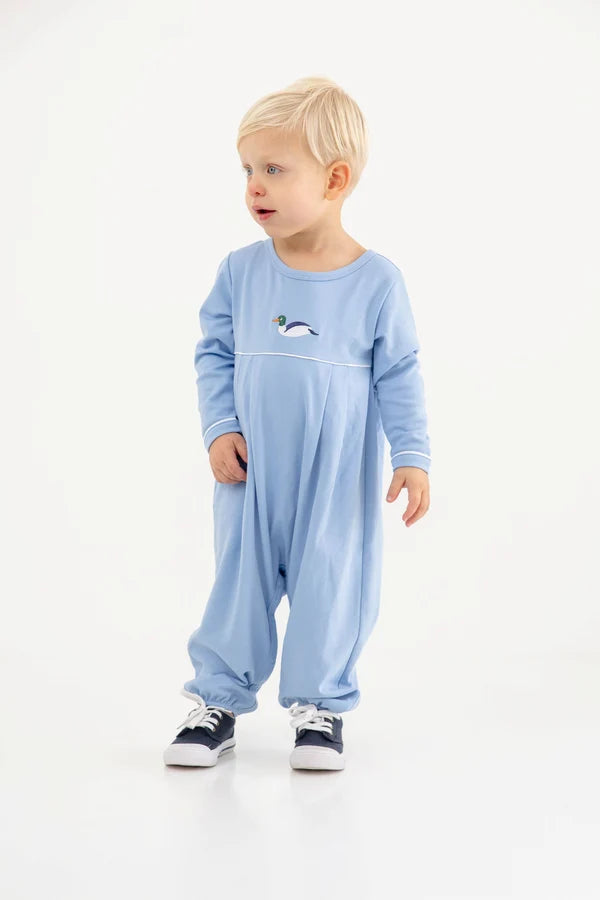 Long Sleeve Bradford Romper - Sarasota Sky and Worth Avenue White with Duck Embroidery