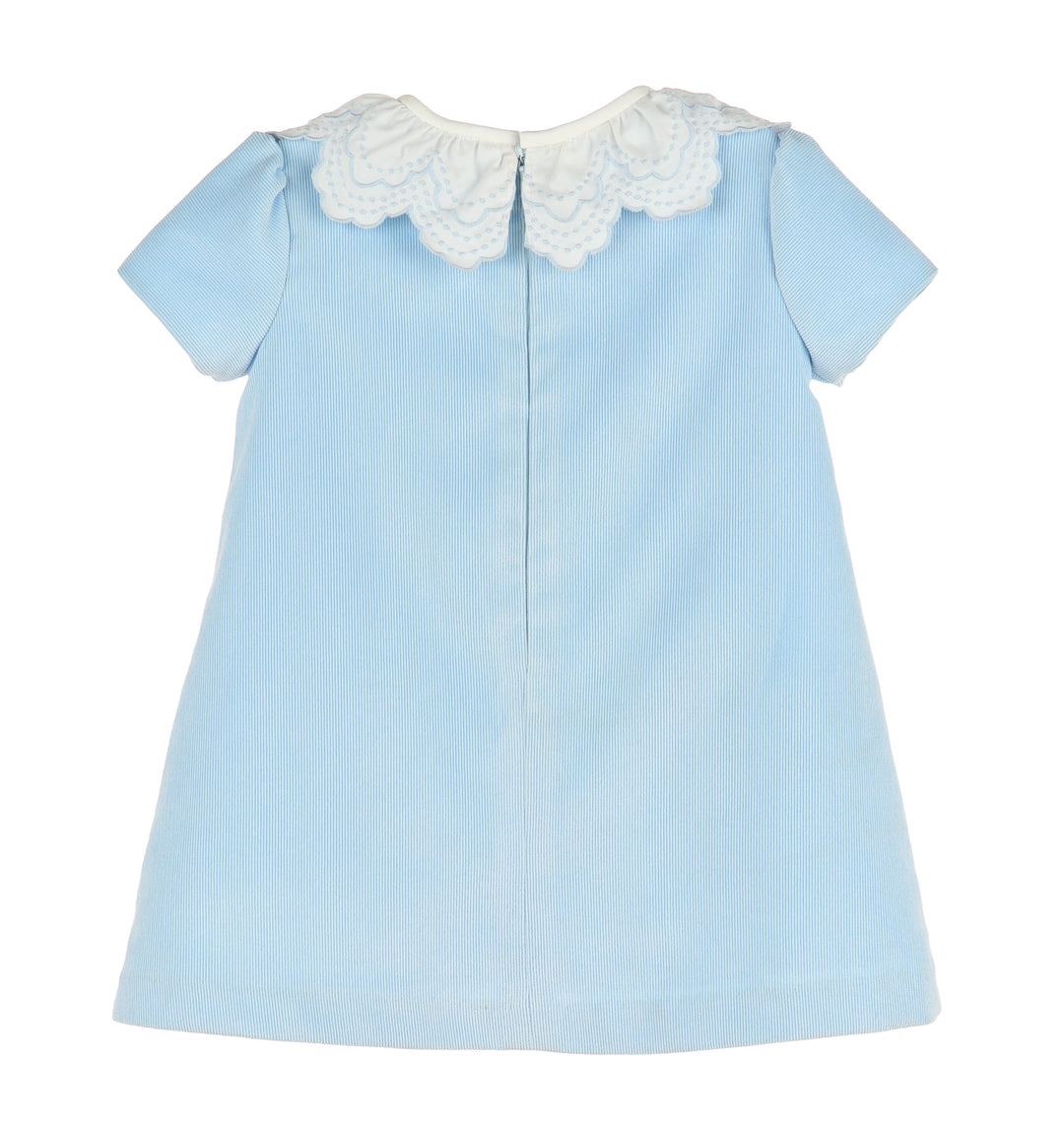 A-Line Corduroy Dress with Broderie  Collar- Blue