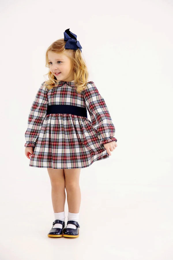 Long Sleeve Cindy Lou Sash Dress - Paris Pike Plaid with Nantucket Navy