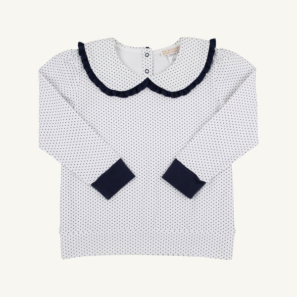 Maude's Ruffle Cassidy Comfy Crewneck - Nantucket Navy Microdot with Worth Avenue White