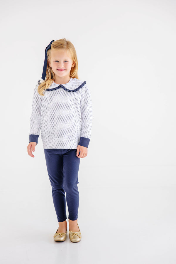 Maude's Ruffle Cassidy Comfy Crewneck - Nantucket Navy Microdot with Worth Avenue White