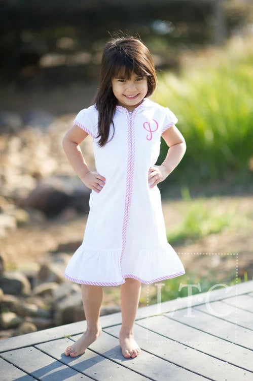Girls Cover Up- White with Pink Seersucker Trim