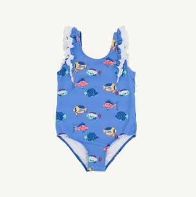 Ruehling Ruffle Bathing Suit- Here Fishy Fishy/Worth Ave White