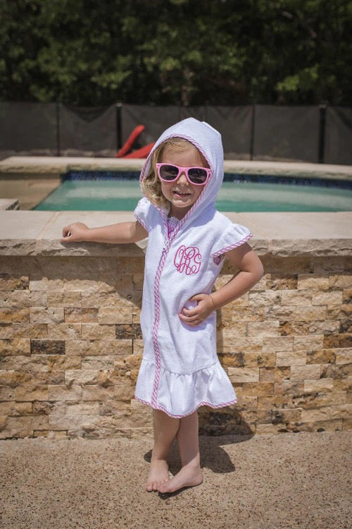 Girls Cover Up- White with Pink Seersucker Trim