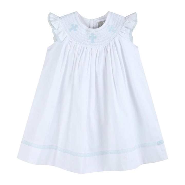 White and Blue Holy Smocked Bishop Dress