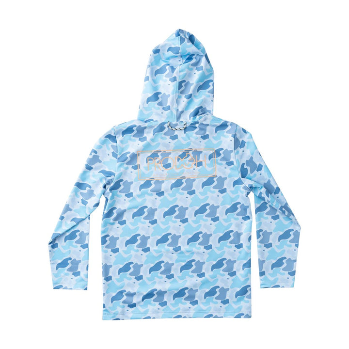 Kid's Performance Hoodie T-Shirt- Blue Camo Logo Print