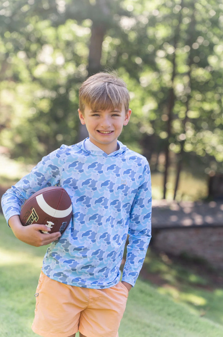 Kid's Performance Hoodie T-Shirt- Blue Camo Logo Print