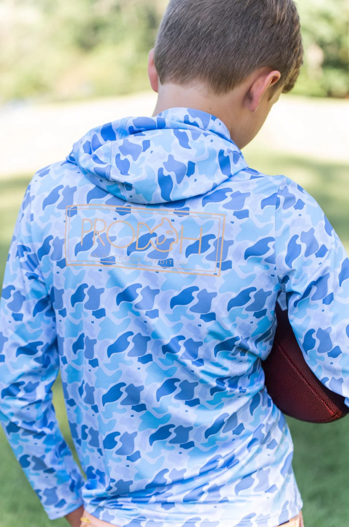 Kid's Performance Hoodie T-Shirt- Blue Camo Logo Print
