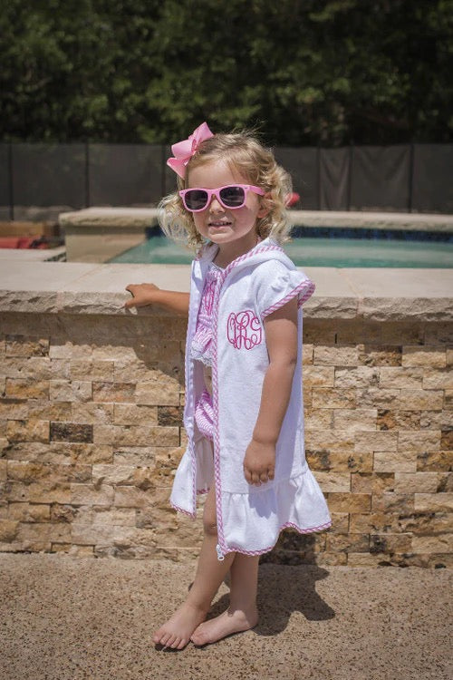 Girls Cover Up- White with Pink Seersucker Trim