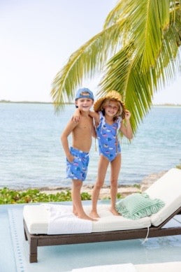 Ruehling Ruffle Bathing Suit- Here Fishy Fishy/Worth Ave White