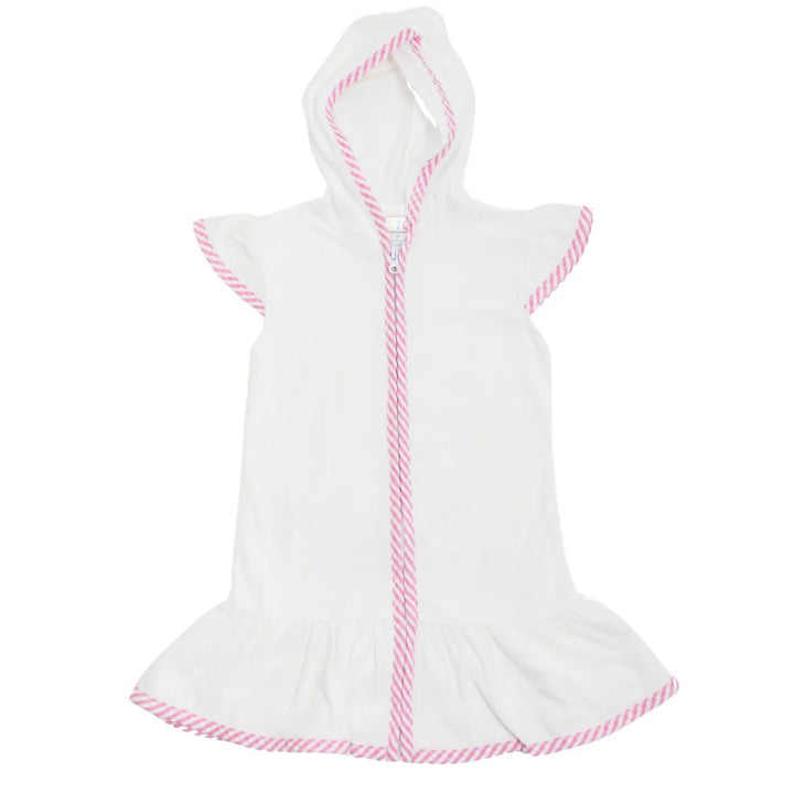 Girls Cover Up- White with Pink Seersucker Trim