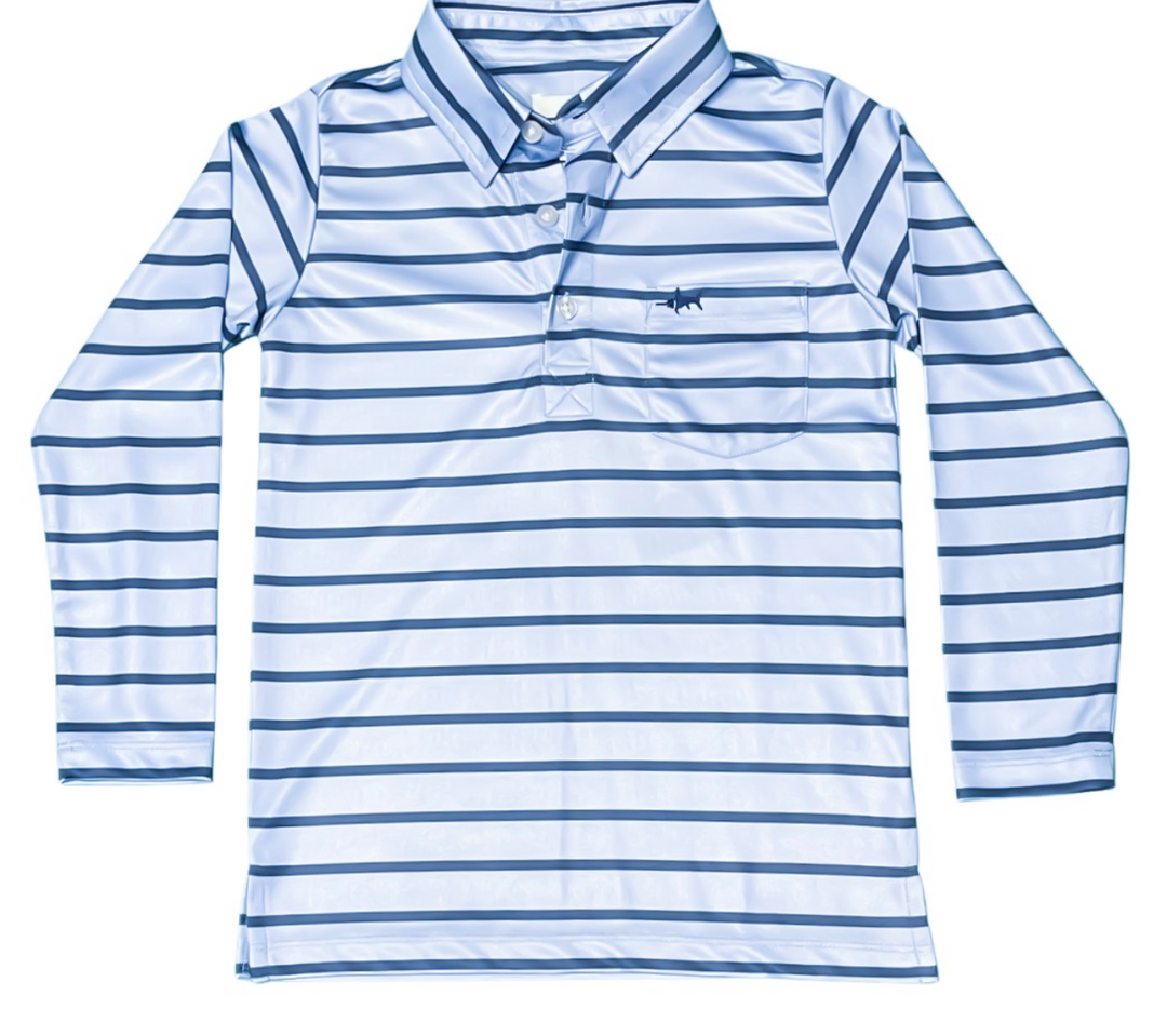 Inshore Performance Stripe Long Sleeve Polo- Blue