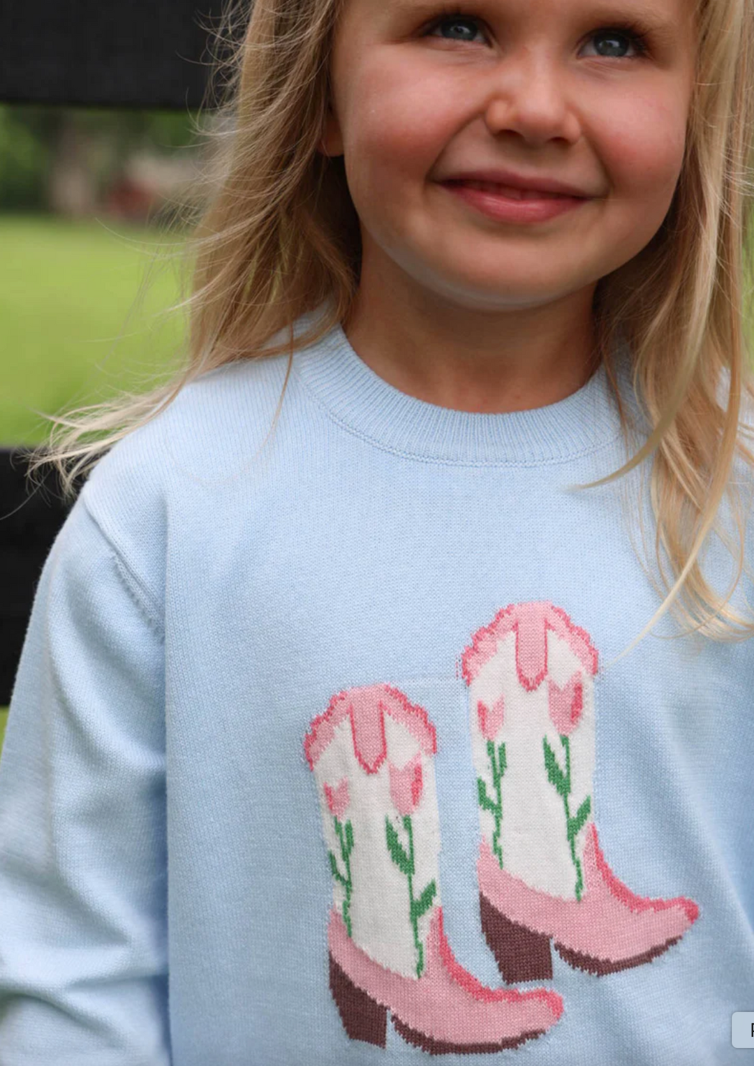 Isabelle's Intarsia Sweater- Buckhead Blue with Boot Intarsia