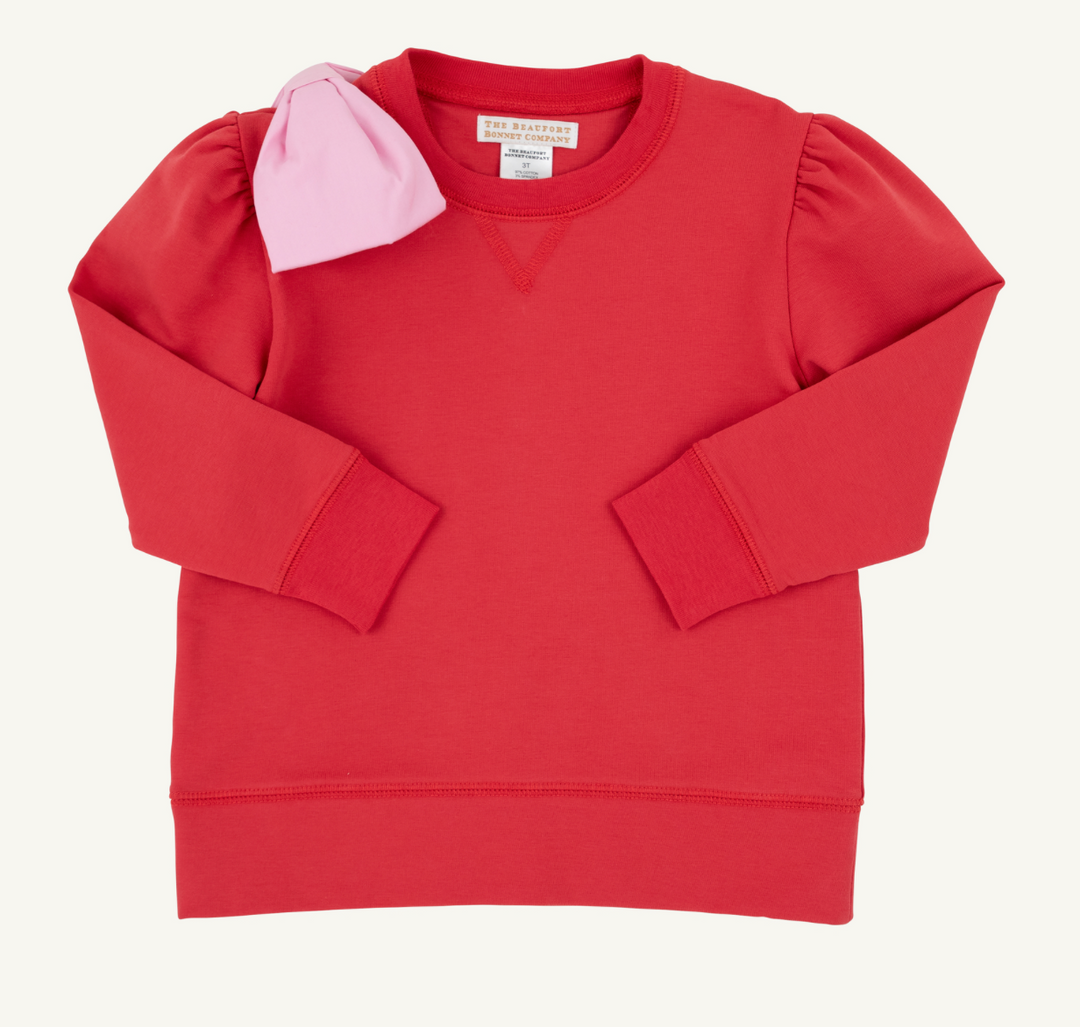 Cassidy Comfy Crewneck Puff Sleeve-Bow- Richmond Red/Pier Party Pink