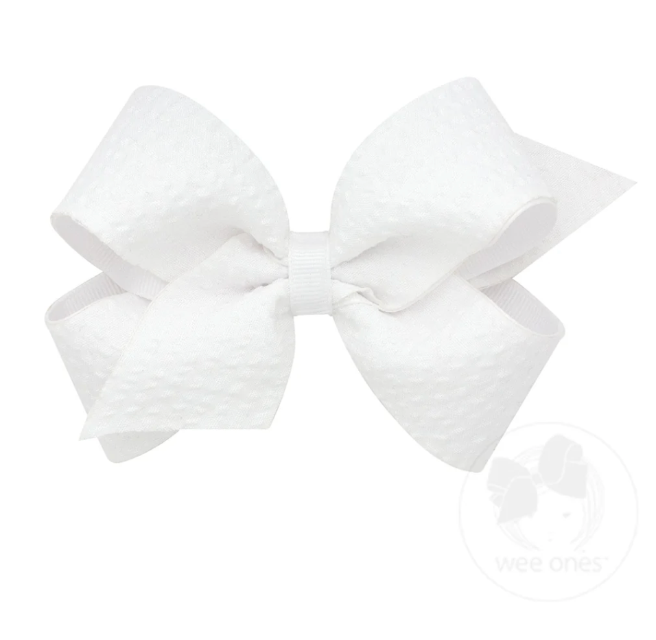 Medium Genuine Seersucker Fabric Grosgrain Overlay Hair Bow