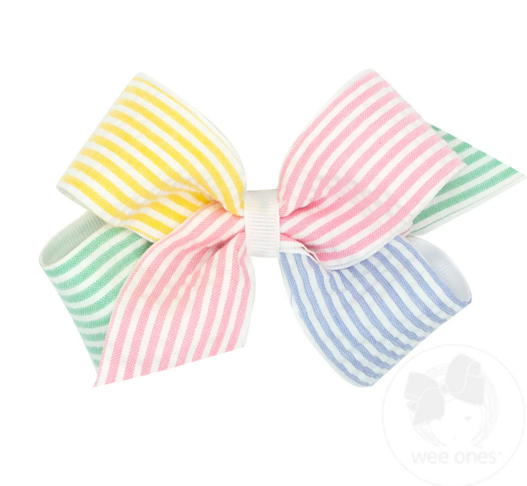 Colorblock Genuine Seersucker Fabric and Grosgrain Overlay Hair Bow