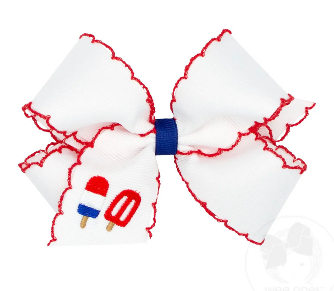 Grosgrain Hair Bow with Moonstitch Edge and Patriotic Popsicle Embroidery