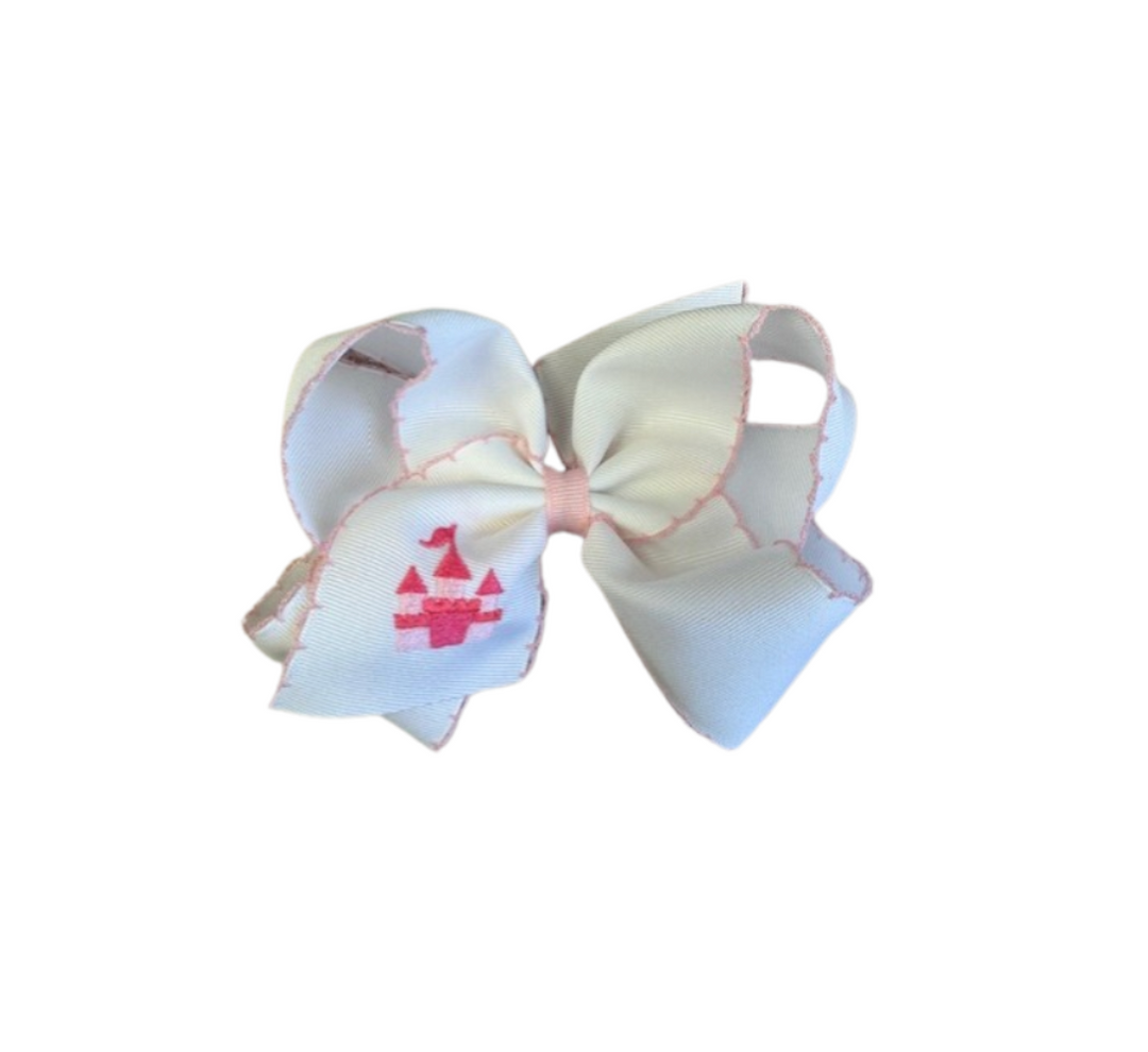 Grosgrain Hair Bow with Moonstitch Edge and Castle Embroidery