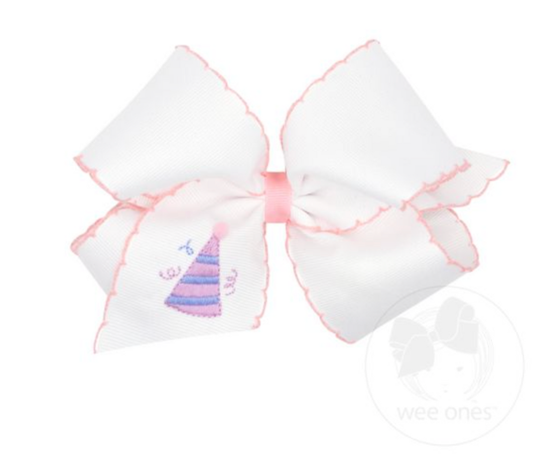Grosgrain Hair Bow with Moonstitch Edge and Birthday Hat Embroidery