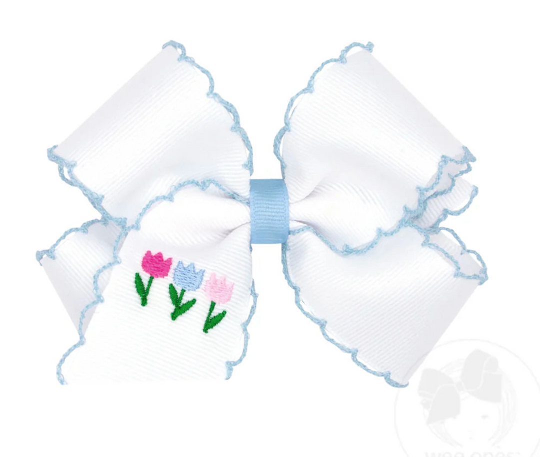 Grosgrain Hair Bow with Moonstitch Edge Tulip Embroidery